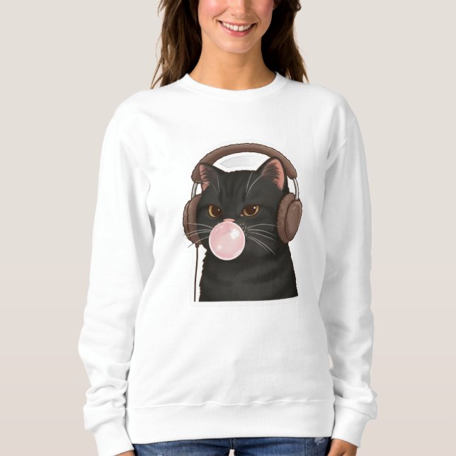 Süße schwarze Katze mit Kopfhörern, die Kaugummi b Sweatshirt (Vorderseite)