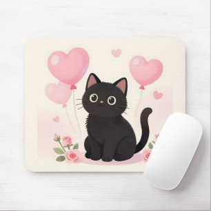 Süße schwarze Katze mit rosa Herzen und Blumen Mousepad