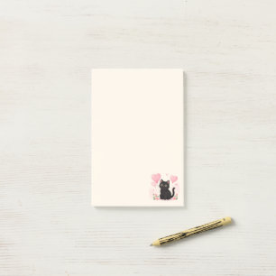 Süße schwarze Katze mit rosa Herzen und Blumen Post-it Klebezettel
