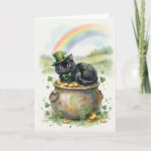 Süße schwarze Katze mit Topf voll Gold zum St. Pat
