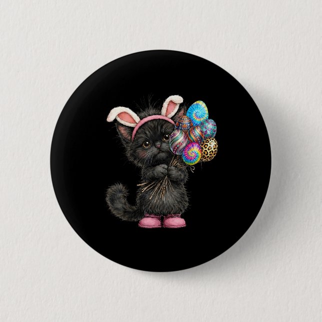 Süße schwarze Katze Osterhase Ohren Eier Ostertag  Button (Vorderseite)