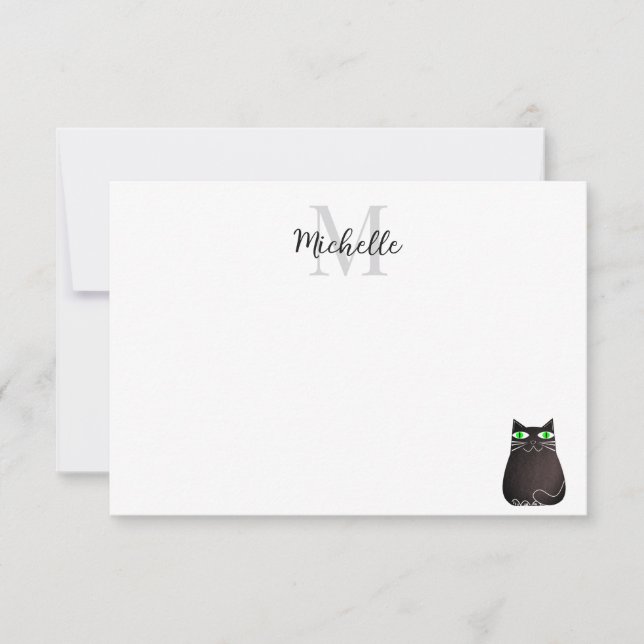 Süße schwarze Katze personalisiertes Monogramm Mitteilungskarte (Vorderseite)
