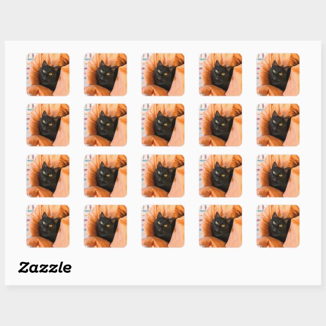 Süße schwarze Katze Quadratischer Aufkleber (Blatt)