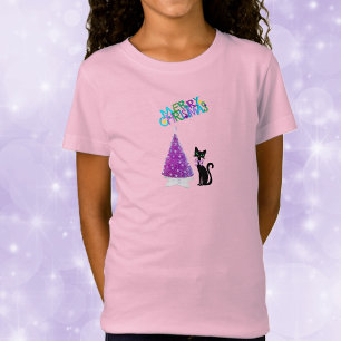 Süße schwarze Katze Rosa glänzender Frohe Weihnach T-Shirt