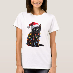 Süße schwarze Katze Santa Weihnachtslichter Miauen T-Shirt