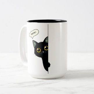 Süße schwarze Katze schaut um die Ecke | Lustig Zweifarbige Tasse
