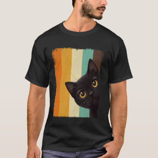 Süße schwarze Katze schaut um die Retro-Ecke T-Shirt