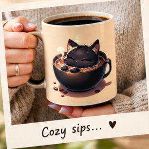 Süße schwarze Katze schwimmt in eine Kaffeetasse.  Tasse