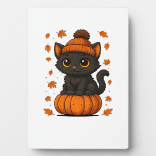 Süße schwarze Katze sitzt auf Kürbis Herbst Ästhet Fotoplatte