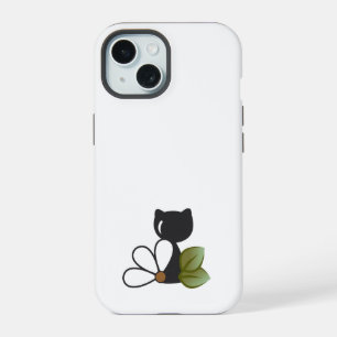 Süße schwarze Katze und Blume – Personalisiert iPhone 15 Hülle