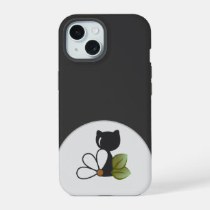 Süße schwarze Katze und Blume – Personalisiert iPhone 15 Hülle