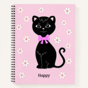 Süße schwarze Katze und Blumen auf hellrosa Notizb Notizbuch