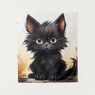 Süße schwarze Katze und Blumen Wandteppich