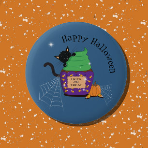 Süße schwarze Katze und Cupcake blaue Halloween-Ta Button