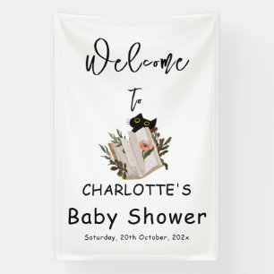 Süße schwarze Katze und florales Buch-Baby-Party Banner