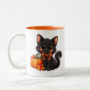 Süße schwarze Katze und Kürbis Halloween-Kaffeetas Zweifarbige Tasse