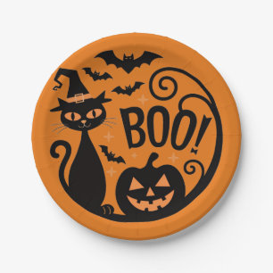 Süße schwarze Katze und Kürbis Halloween-Party-Pap Pappteller