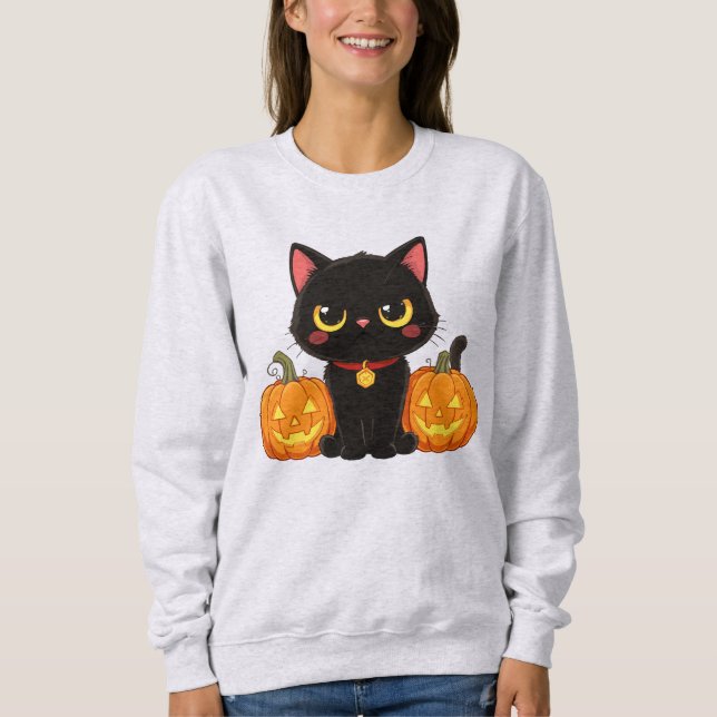 Süße schwarze Katze und Kürbisse Halloween Sweatshirt (Vorderseite)