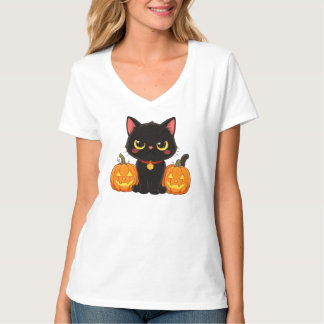 Süße schwarze Katze und Kürbisse Halloween T-Shirt