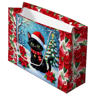 Süße schwarze Katze und Weihnachtsstern Weihnachte Große Geschenktüte