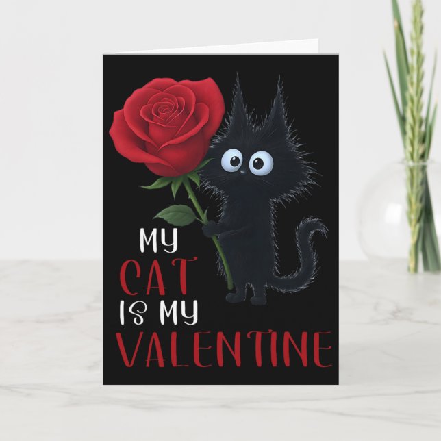 Süße schwarze Katze Valentinstag Rose  Karte (Vorderseite)