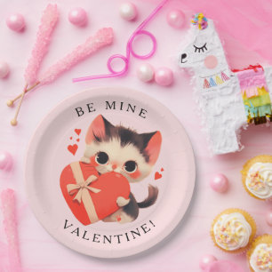 Süße schwarze Katze Vintage - Sei mein Valentinsta Pappteller