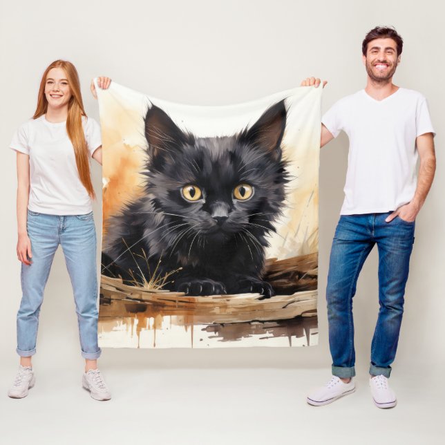 Süße schwarze Katze Wasserfarben Kunst Fleecedecke (Beispiel)