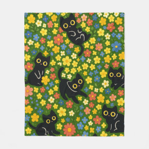Süße schwarze Katzen Blumenwiese Muster Fleecedecke