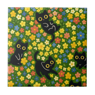 Süße schwarze Katzen Blumenwiese Muster Fliese