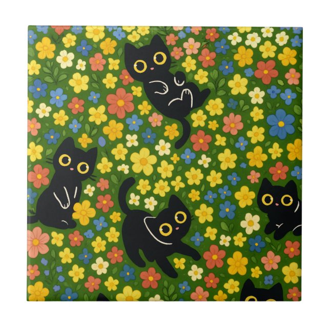 Süße schwarze Katzen Blumenwiese Muster Fliese (Vorderseite)