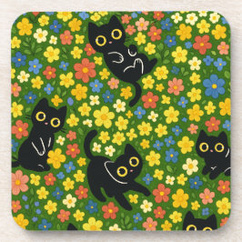 Süße schwarze Katzen Blumenwiese Muster Getränkeuntersetzer