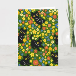 Süße schwarze Katzen Blumenwiese Muster Karte
