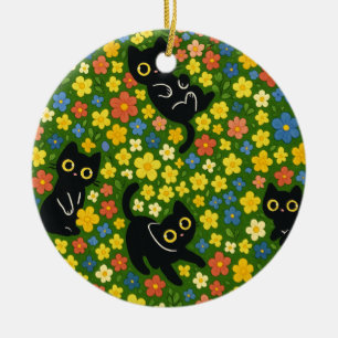 Süße schwarze Katzen Blumenwiese Muster Keramik Ornament