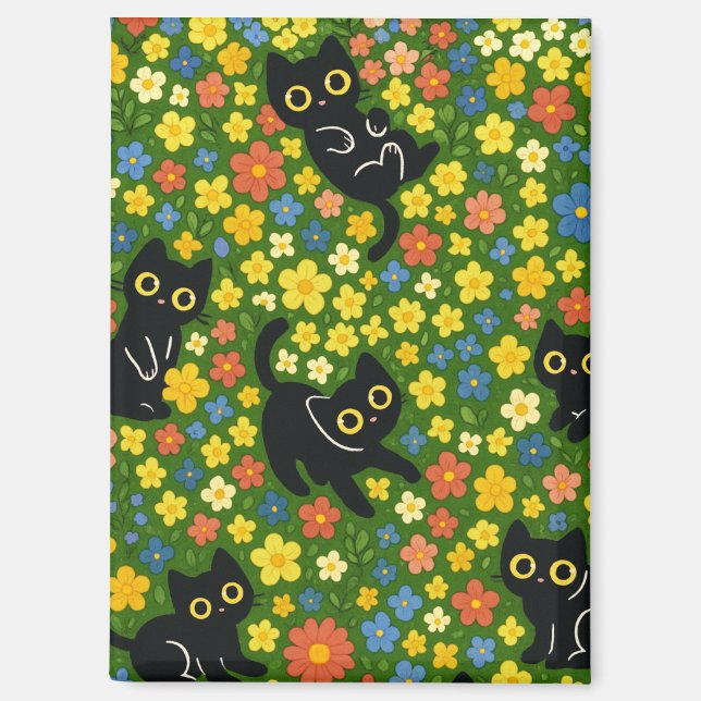 Süße schwarze Katzen Blumenwiese Muster Magnet (Vorderseite)