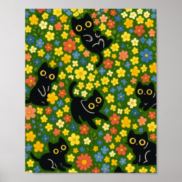 Süße schwarze Katzen Blumenwiese Muster Poster
