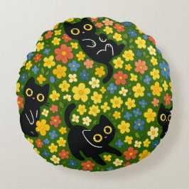 Süße schwarze Katzen Blumenwiese Muster Rundes Kissen