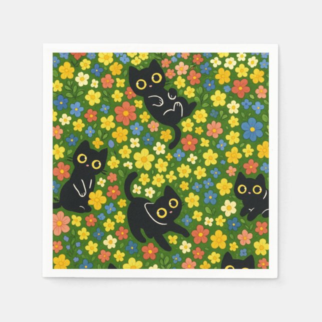 Süße schwarze Katzen Blumenwiese Muster Serviette (Vorderseite)
