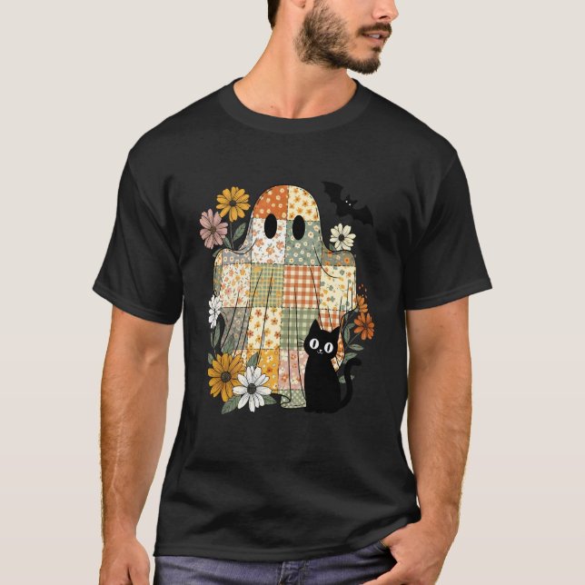 Süße schwarze Katzen-Geister-Patchwork-Halloween-K T-Shirt (Vorderseite)