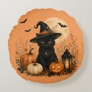 Süße schwarze Katzen-Kürbis-Halloween-Kissen Rundes Kissen