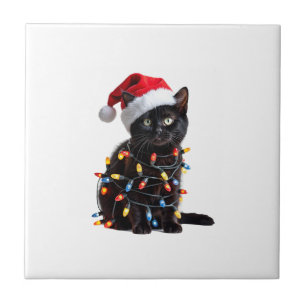 Süße schwarze Katzen-Santa-Weihnachtslichter-Miau- Fliese