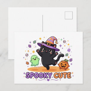Süße schwarze Katzenhexe Halloween Postkarte