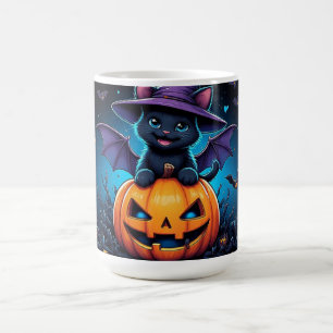 Süße schwarze Katzenhexe sitzt auf einem Kürbis mi Kaffeetasse