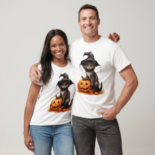 Süße schwarze Katzenhexenhut-Kürbis-Halloween-Kost T-Shirt