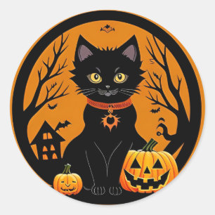 Süße schwarze Katzenhexenhut-Kürbis-Halloween-Szen Runder Aufkleber