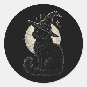 Süße schwarze Katzenhexenhut Mond Retro Coquette B Runder Aufkleber