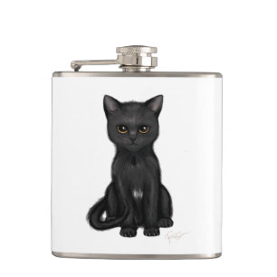 Süße schwarze Miezekatze-Katze mit hellen golden Flachmann