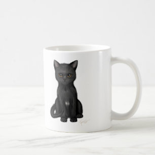 Süße schwarze Miezekatze-Katze mit hellen golden Tasse
