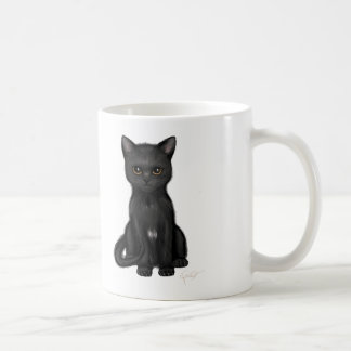 Süße schwarze Miezekatze-Katze mit hellen goldenen Tasse