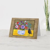 Süße schwarze Vogel mit Blumen Whimsical Art Maßan
