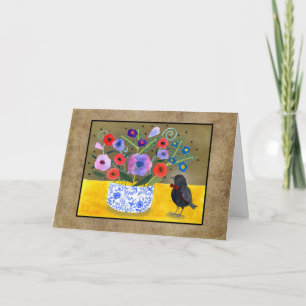 Süße schwarze Vogel mit Blumen Whimsical Art Maßan Karte